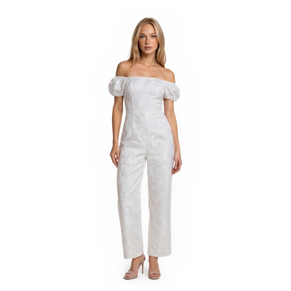 NEW Lulus White Jumpsuit Women's Size Large Floral Puff Sleeve Off Shoulder
